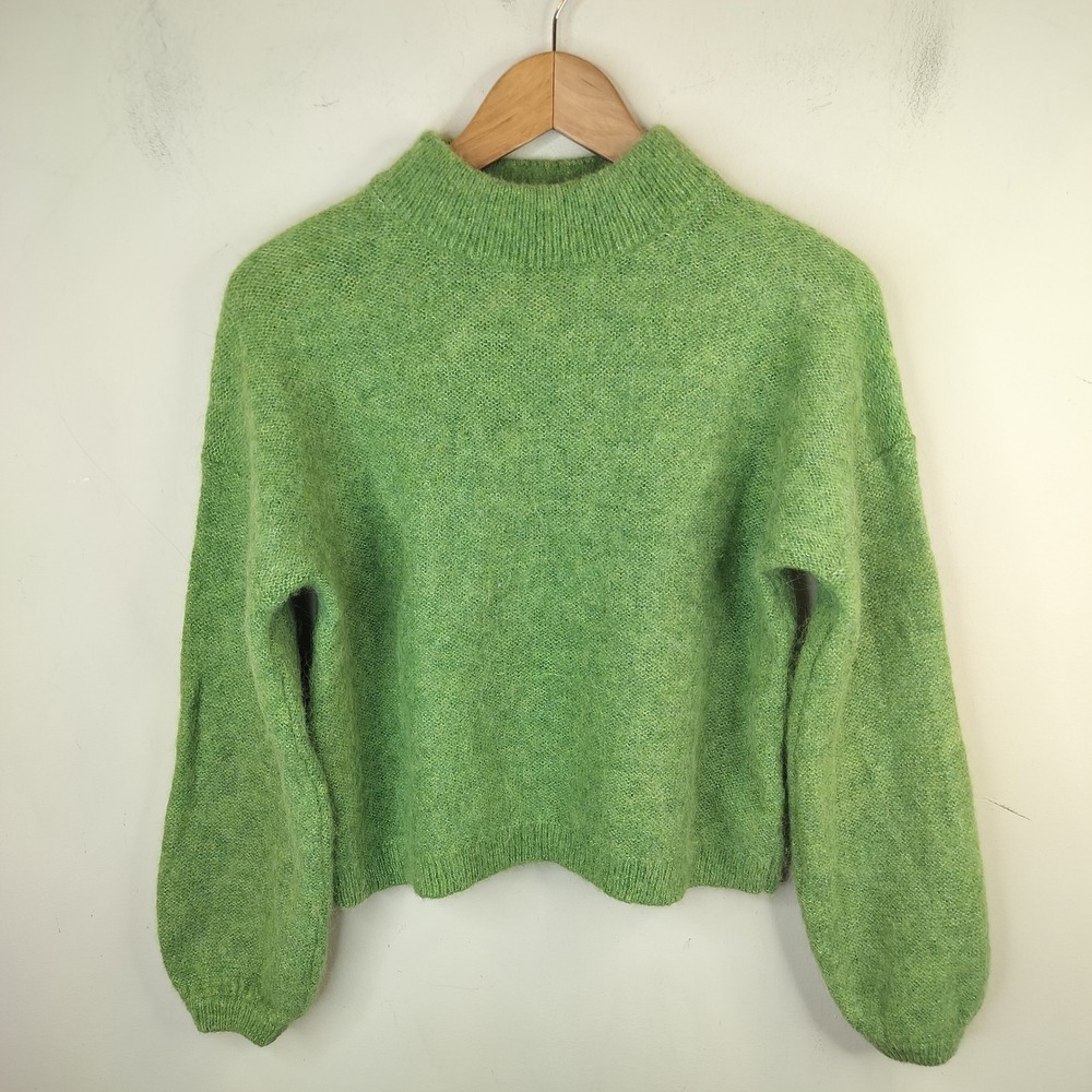 Banana Republic Wool Alpaca Sweater Balloon Sleeve Mock Neck Cozy Green